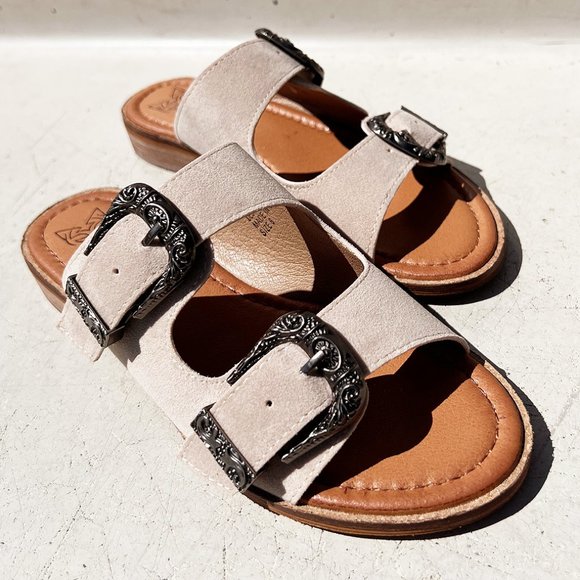NEW Sand Faux Suede Western Metal Buckled Straps Slides Slip On Sandals Shoes - Picture 3 of 11